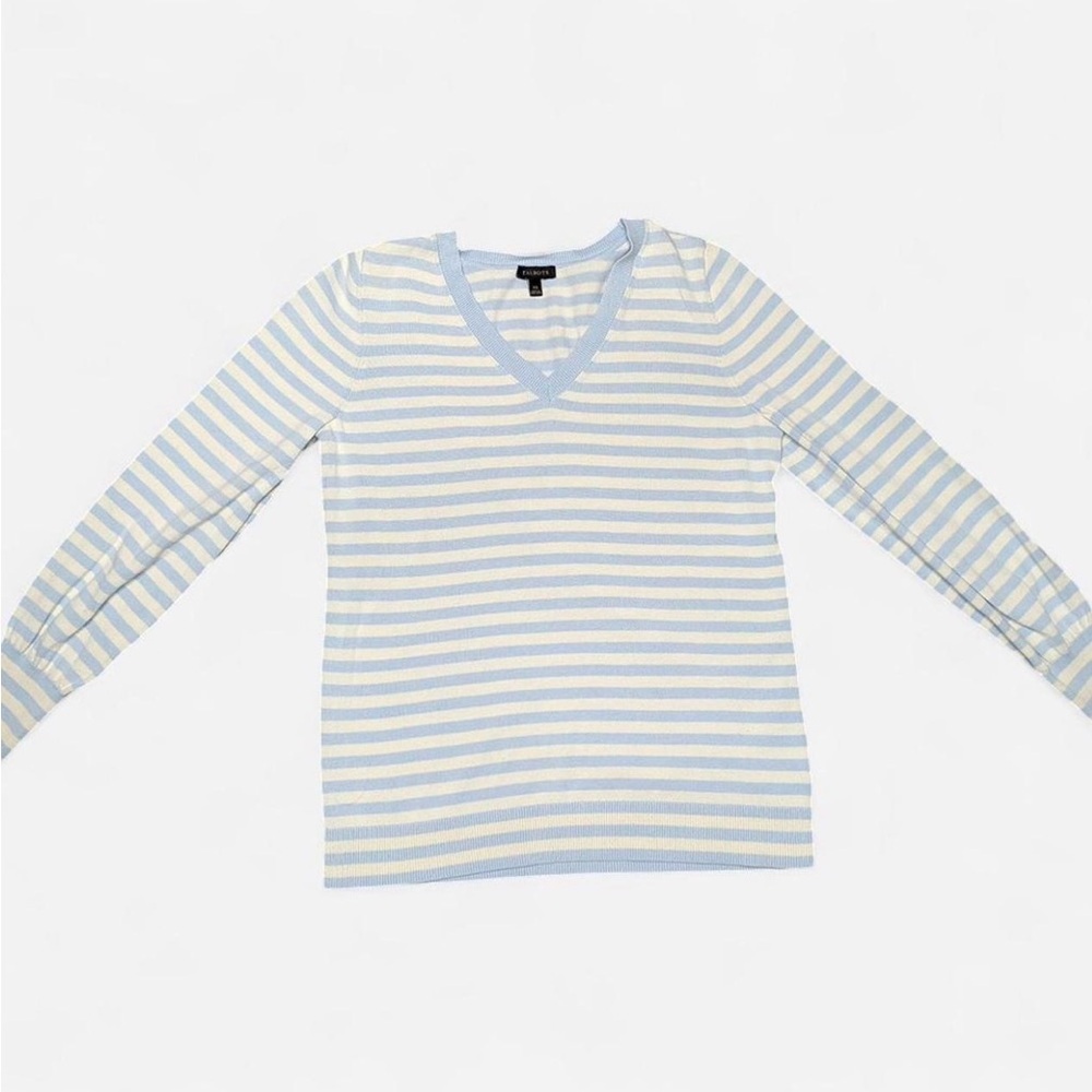 Talbots Blue White Striped Cotton V-Neck Sweater XS - Picture 4 of 6